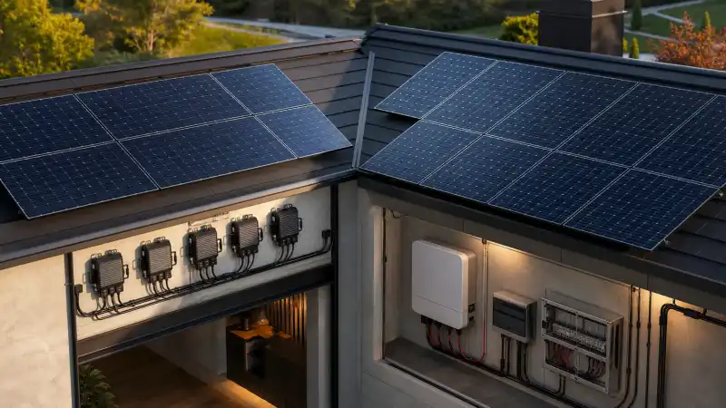 Panouri fotovoltaice pe un acoperiș rezidențial în lumină de iarnă