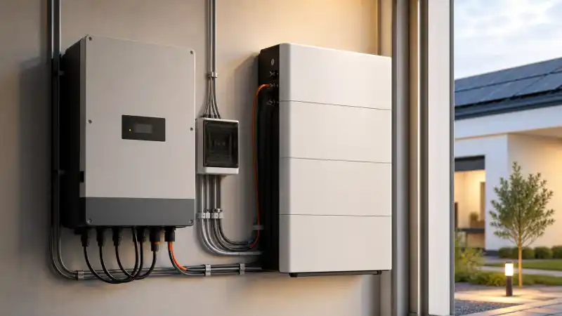 Flux de energie între sistem fotovoltaic, locuință, baterie și rețeaua electrică