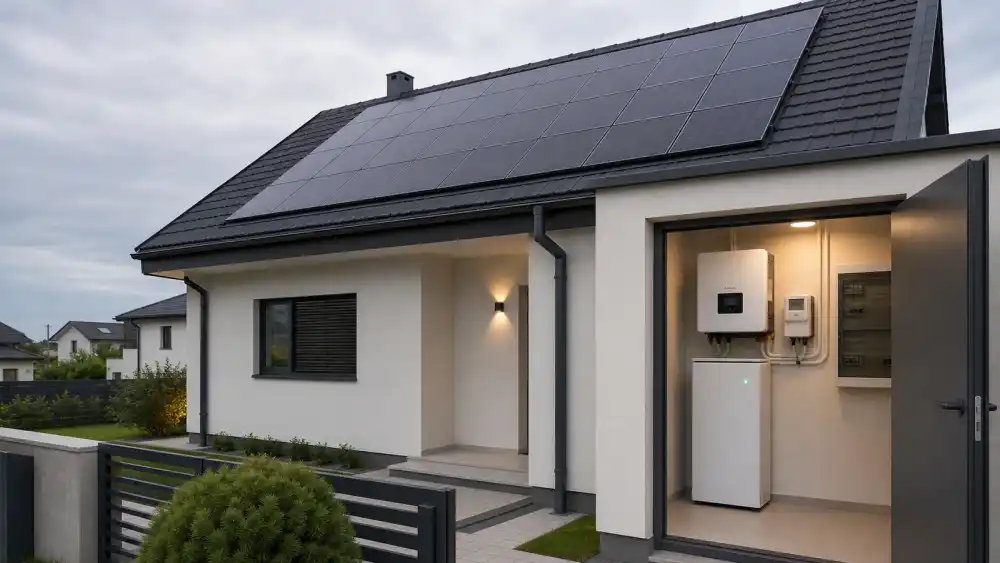 Casă cu panouri fotovoltaice, invertor, baterie și tablou electric într-o cameră tehnică