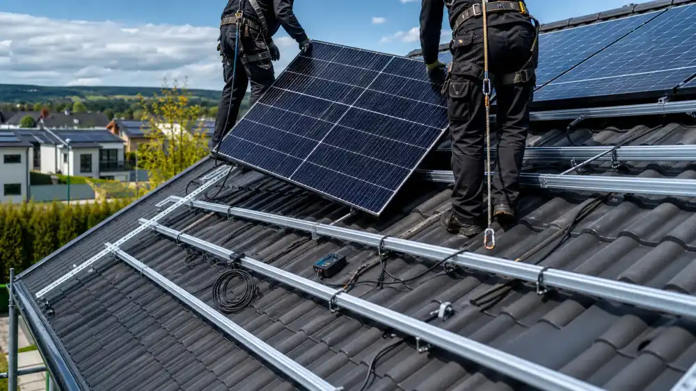 Execuție fotovoltaică pe acoperiș rezidențial, cu structură și panouri pregătite pentru recepție